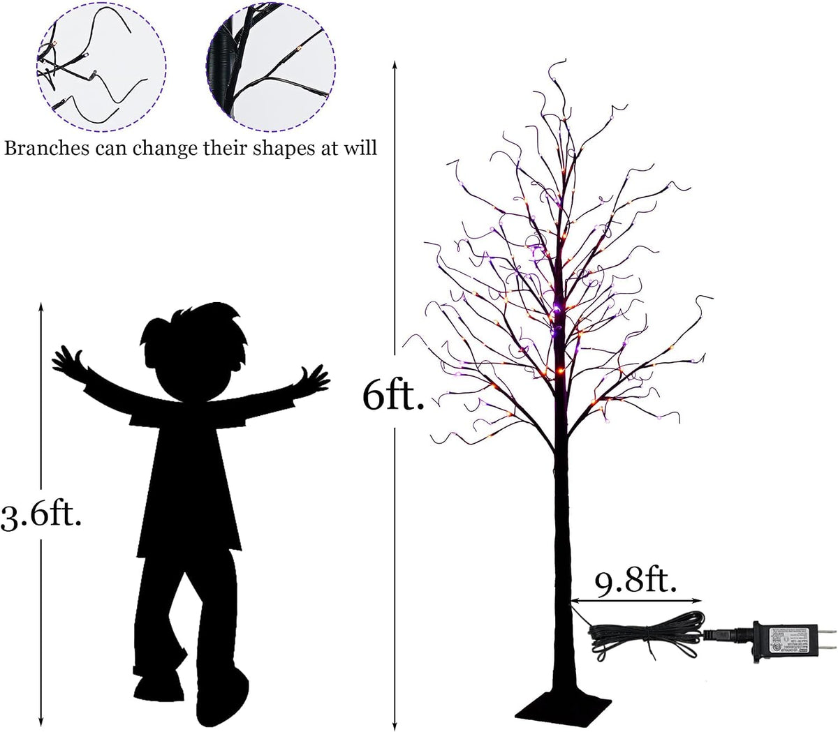 TW SHINE 2 Pack 6FT Halloween Lighted Black Birch Tree, Total 288 LED Purple and Orange Lights Artificial Spooky Tree with Timer, Waterproof Halloween Decoration for Indoor Outdoor Home Party Decor