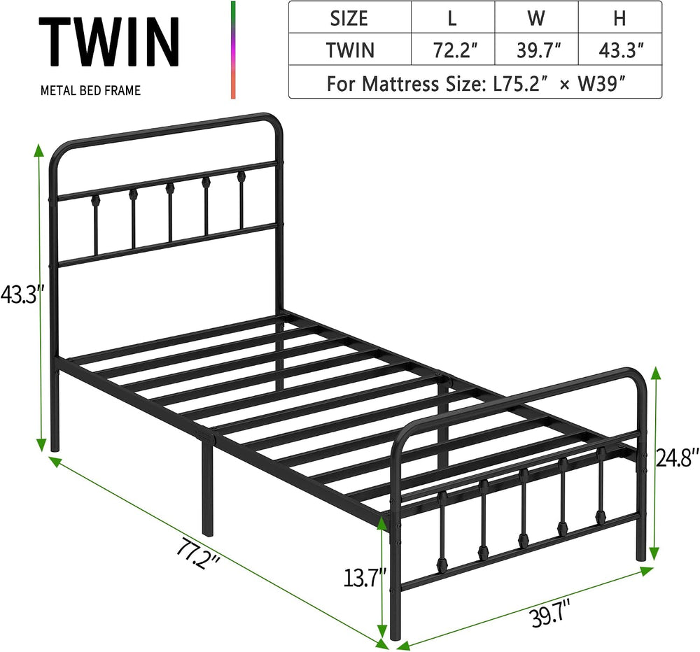 Twin Size Metal Bed Frame with Headboard and Footboard,Black