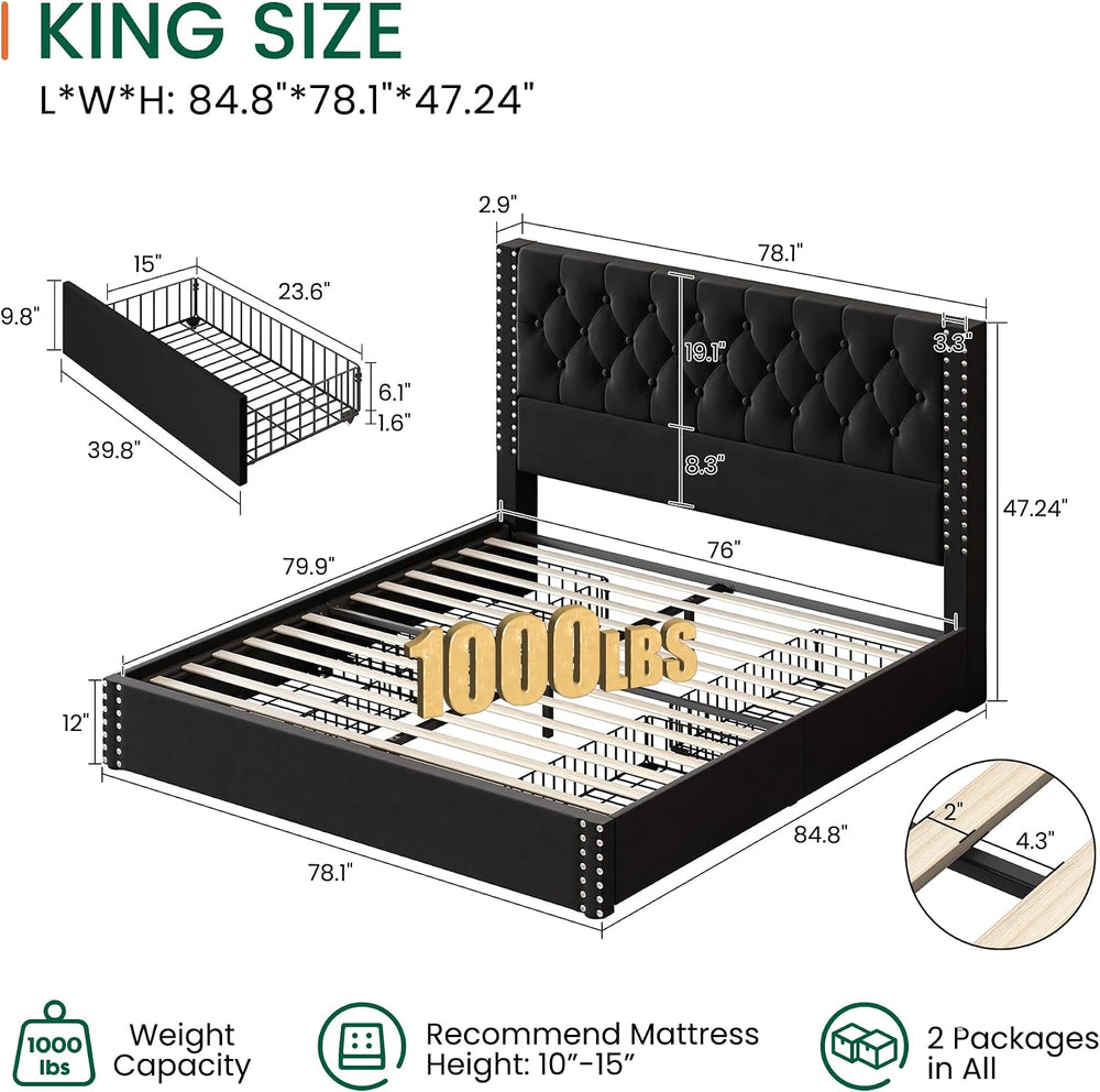 LARMACE Bed Frame King Size with 4 Storage Drawers and Tufted Headboard Velve...