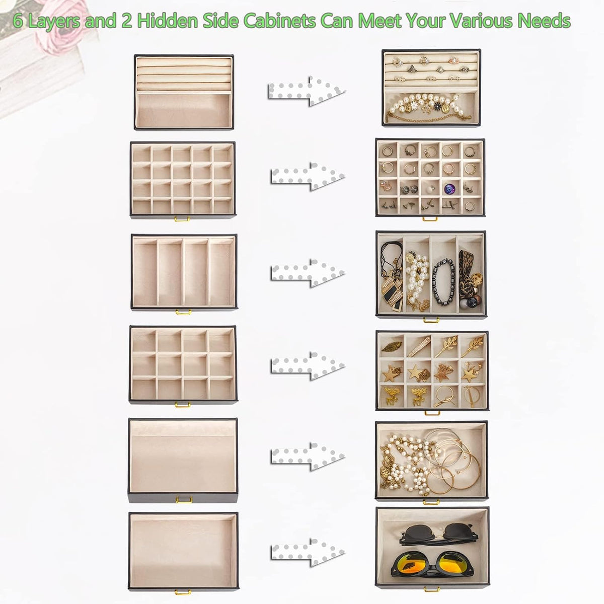 akozlin 6-tier jewelry box organizer 5 drawers storage showing dimensions
