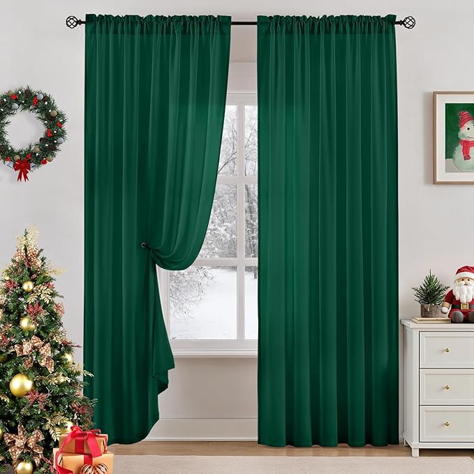 HOMEIDEAS Non-See-Through Dark Green Privacy Semi Sheer Curtains 96 Inches Long by HOMEIDEAS