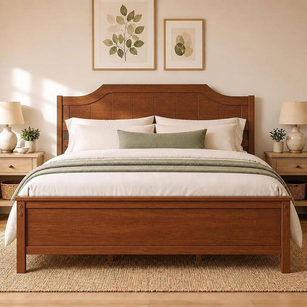 KOMFOTT Queen Size Bed Frame with Headboard, Wood Platform Bed (Walnut)