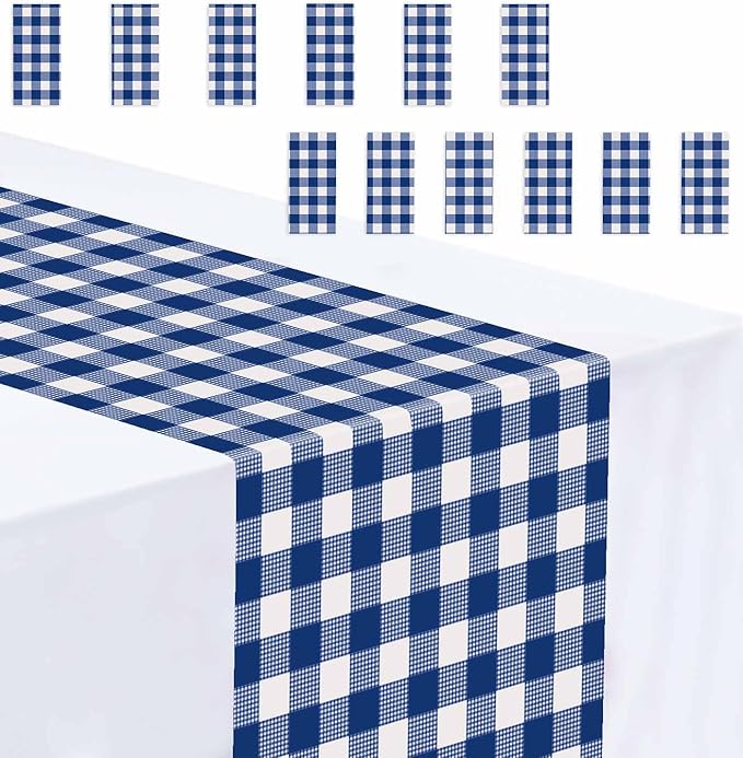 12 Pcs Navy Blue and White Checkered Table Runner Plastic 14 x 108 Disposable by MUNILAIL