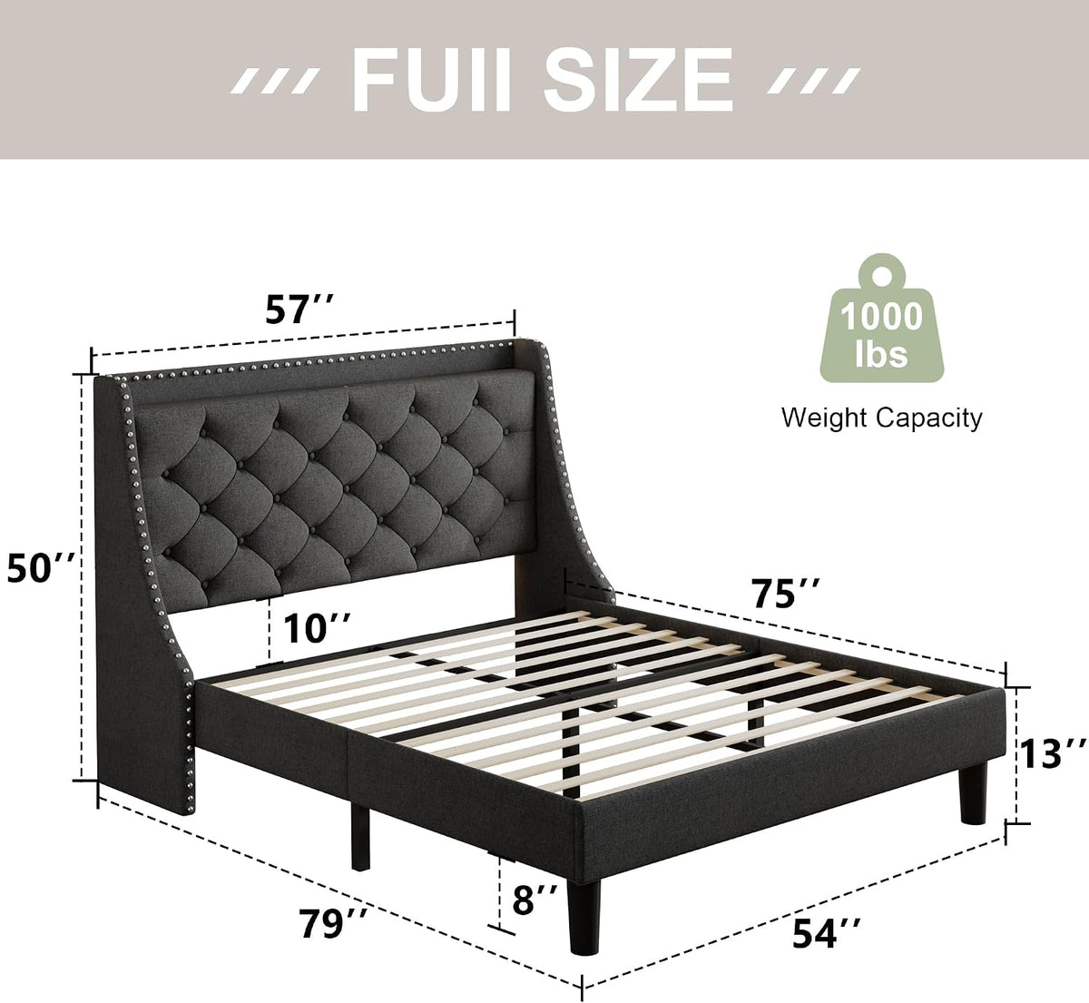 feonase full size bed frame with luxury wingback shown in use