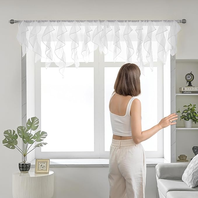 PearAge Ruffled Voile Semi Sheer Curtain Valance, Kitchen Living Room Shabby - Image 2