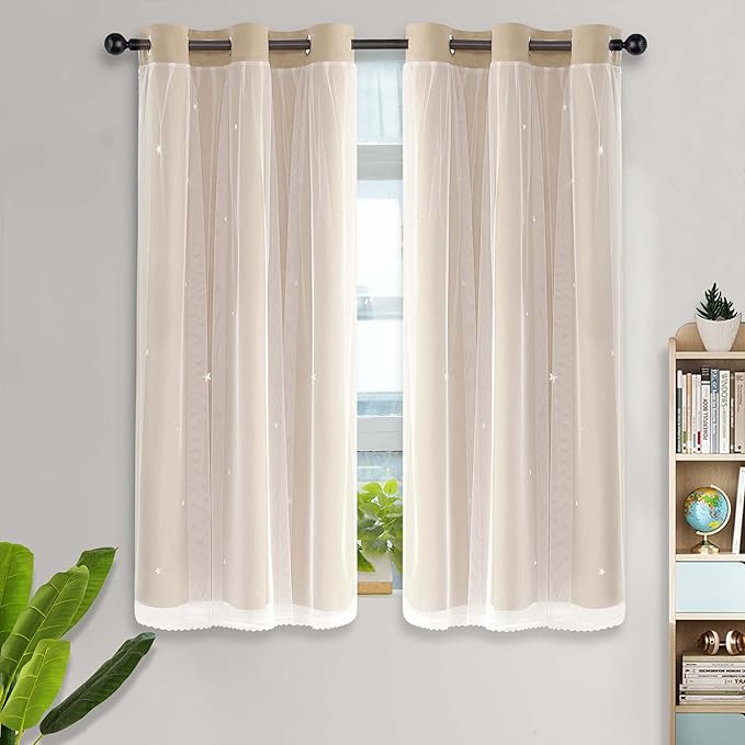 Kinryb Starry Curtains for Kids Double Layer Curtains Thermal Insulated Drpaed - Image 2