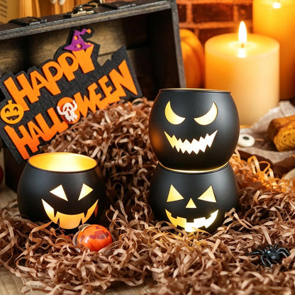 SHMILMH Halloween Table Centerpiece Candle Holders Set of 12, Black and Gold Glass Votive Holder with 6 Grimace, Tealight Holders Bulk for Halloween Party Decor