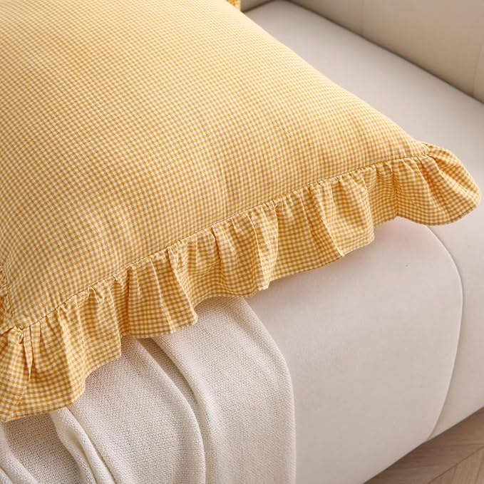 Vintage Yellow Plaid Ruffle Throw Pillow Covers 20x20 inches, Washed Cotton - Image 7