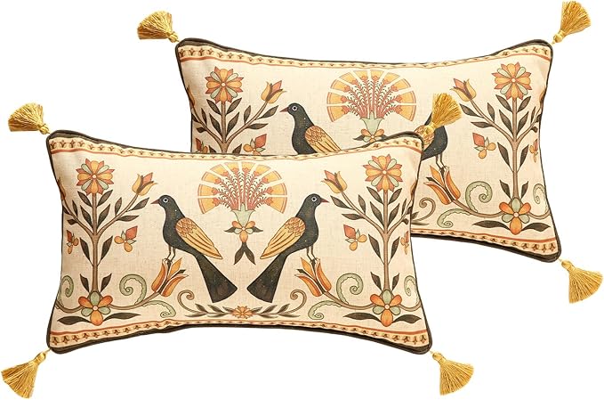 Brown Throw Pillow Covers Set of 2, Floral Farmhouse Birds Flower Pattern Linen by bilingaier