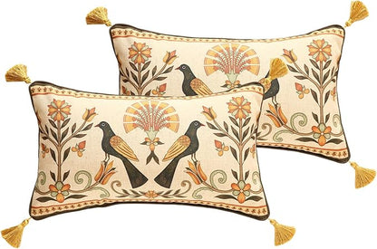 Brown Throw Pillow Covers Set of 2, Floral Farmhouse Birds Flower Pattern Linen by bilingaier