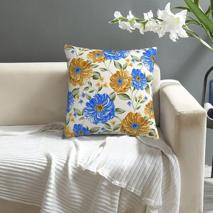 Blue and Yellow Floral Throw Pillow Covers 18x18 Inch Set of 2, Decorative Blue - Image 2