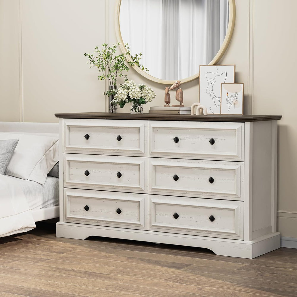 VVFLU Farmhouse 6 Drawer Dresser for Bedroom, 54" Wide Wood Dresser with...