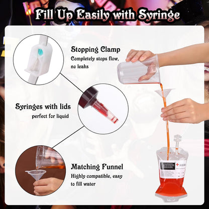 tchrules 54 Pcs Blood Bags for Drinks Halloween Party Decorations, Reusable Blood Bag Drink Pouches with Syringe & Funnel, Food-Grade IV Bags for Drinks, Vampire Nurse Party Favors Decorations