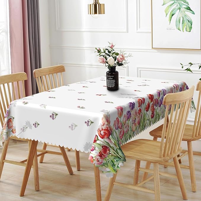 54x70inches Floral Tablecloth Red Purple Tulip Flowers Blooming Rectangle Table by TTQYFNM