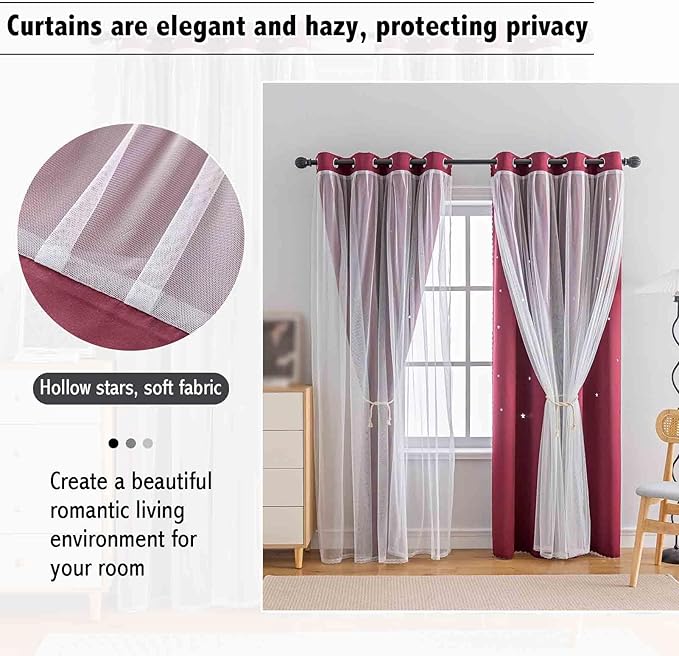 Anytime Romantic Kids Curtain, Hollow-Out Stars Window Curtain Double Layer - Image 7
