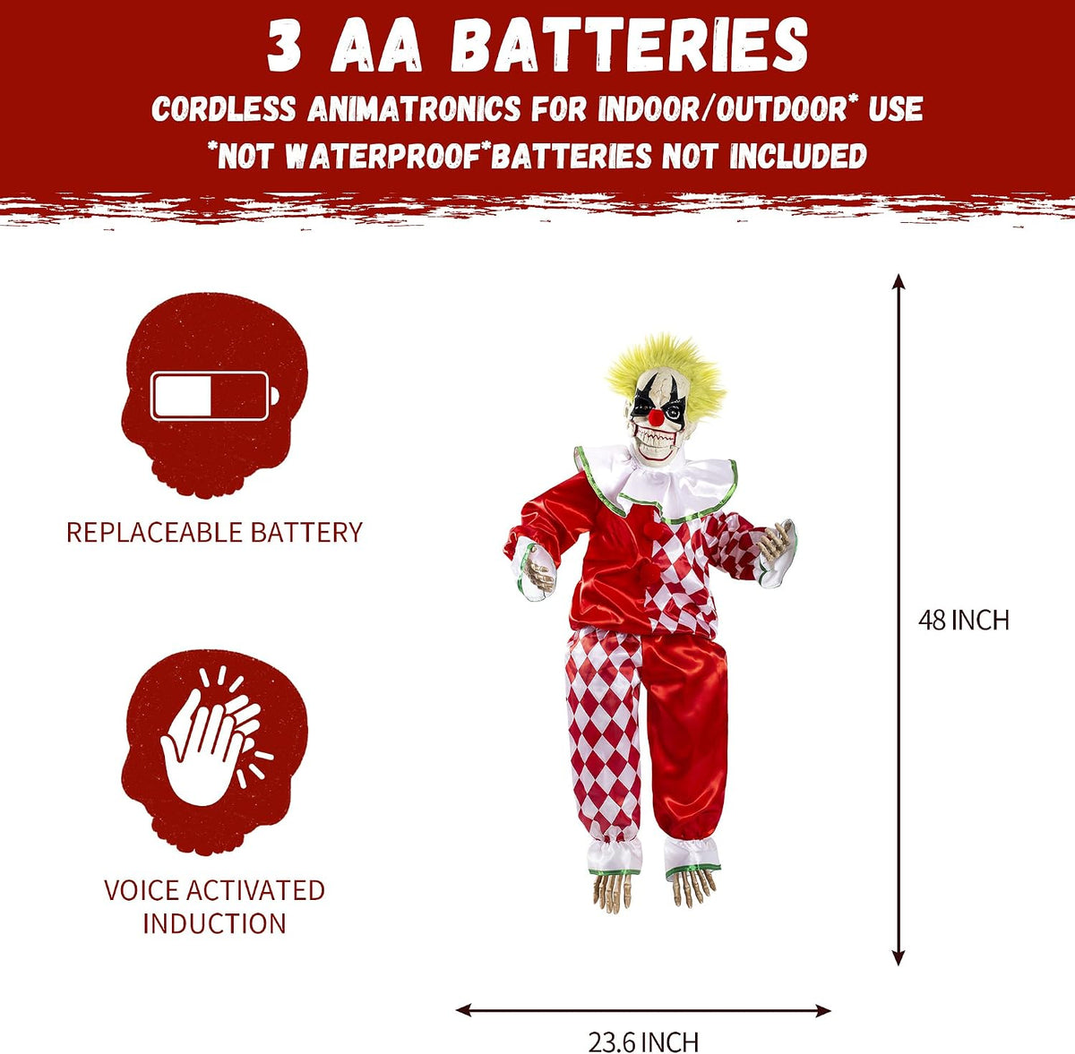 Halloween Animatronic Sitting Clown Decoration–Sound Activated Creepy Clown Prop with Shaking Body, Glowing Eyes & Scary Voice–Indoor/Outdoor Halloween Decor for Yard, Haunted House, Party (48")