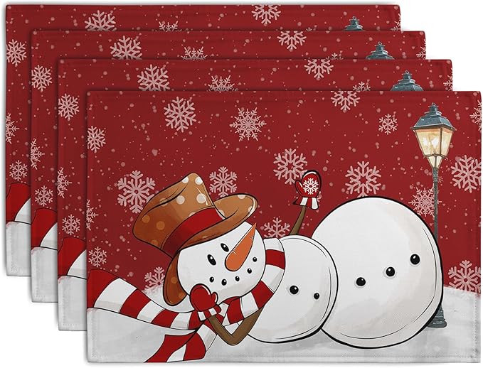 Red Snowman Snowflake Christmas Placemats Set of 4 Seasonal Winter Linen Table by Wnoesat