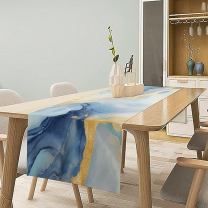 Marble Table Runner, Modern Grey Blue Gold Abstract Table Dresser Runners - Image 7