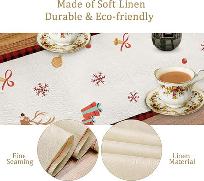 Merry Christmas Table Runner, Santa Claus Elk Snowflake Linen Table Runner - Image 4