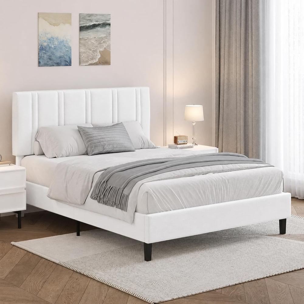 Lullabyre Full Bed Frame with Linen Upholstered Adjustable Headboard, Platfor...
