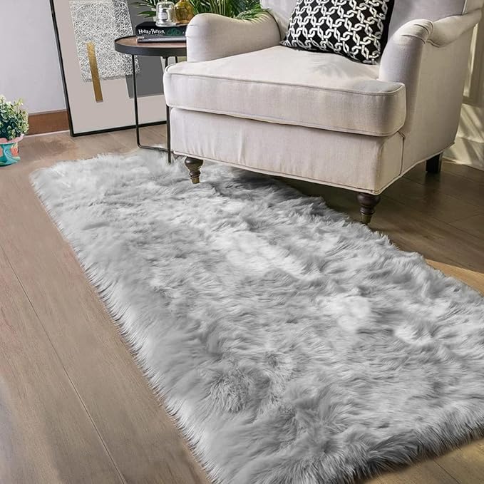 Latepis Runners 2x6 Grey Fur Faux Sheepskin Rug Washable Gray Area Rug Fluffy - Image 7