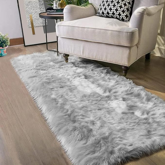Latepis Runners 2x6 Grey Fur Faux Sheepskin Rug Washable Gray Area Rug Fluffy by Latepis