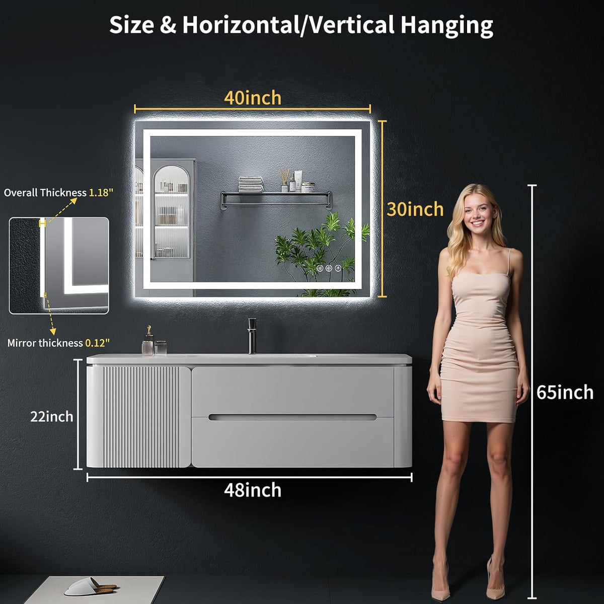 40"x30" led bathroom mirror with lights, backlit+frontlit, anti-fog, front angle view