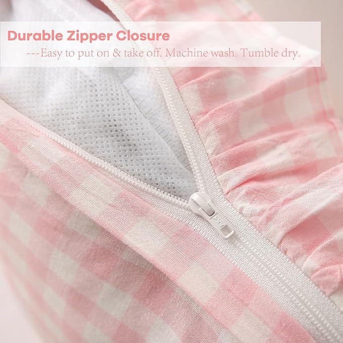 2 Pack Blush Gingham Ruffle Euro Pillow Sham Covers, 100% Washed Cotton Plaid - Image 4