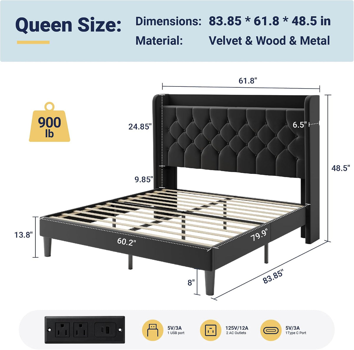 allewie queen bed frame, storage headboard & charging shown in use