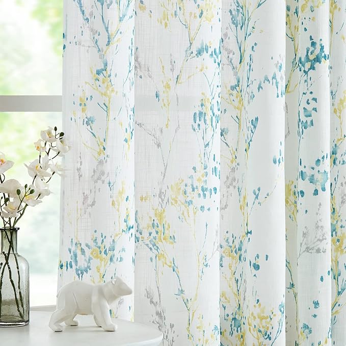Tree Semi Sheer Curtains for Living Room Bedroom Teal Yellow and Grey Branch on by Treatmentex