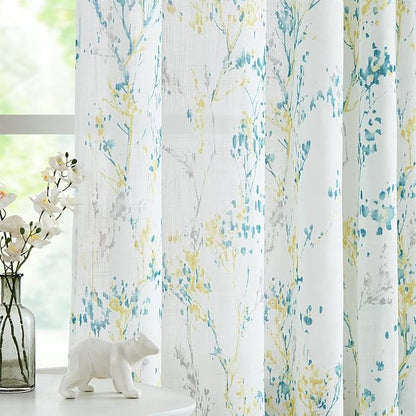 Tree Semi Sheer Curtains for Living Room Bedroom Teal Yellow and Grey Branch on by Treatmentex