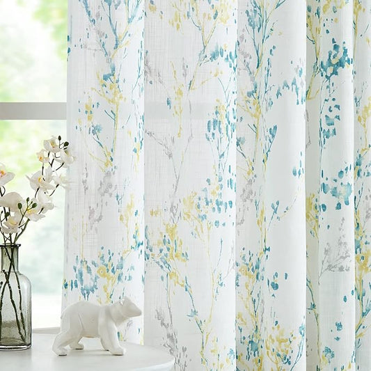 Tree Semi Sheer Curtains for Living Room Bedroom Teal Yellow and Grey Branch on by Treatmentex