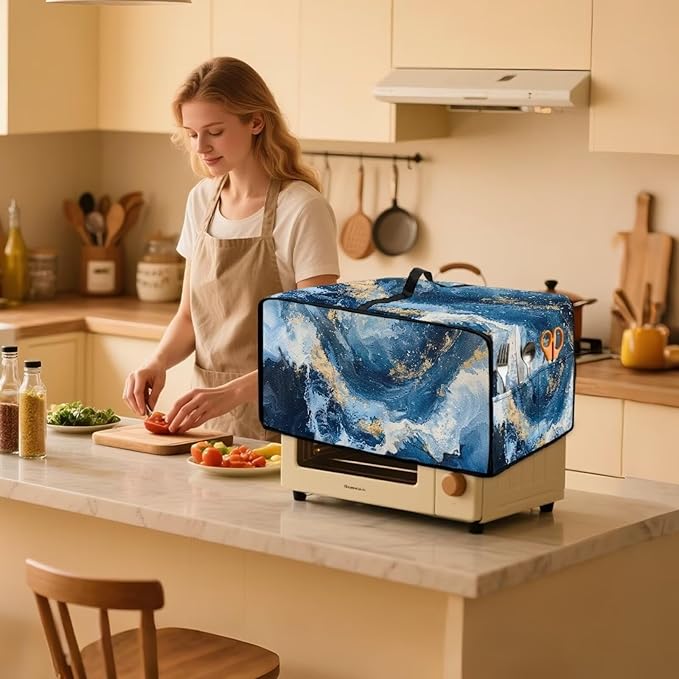 Blue Golden Marble Texture Print Microwave Oven Cover Dust-Proof - Image 3