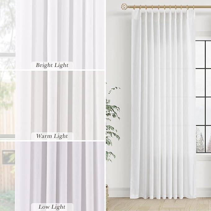 Soft White Pinch Pleat Linen Curtains 120 Inch Length 2 Panels Set - Image 4