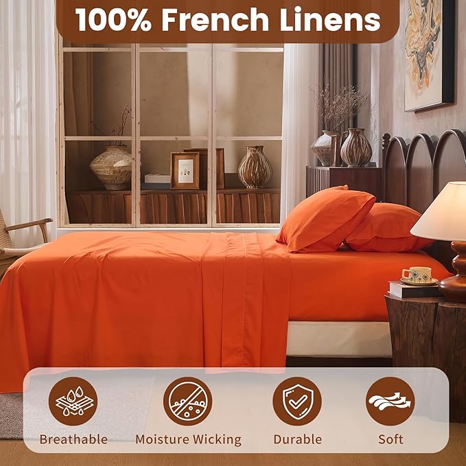 100% Linen Sheets California King Size, Breathable & Durable 4-Piece Bed Flax - Image 2