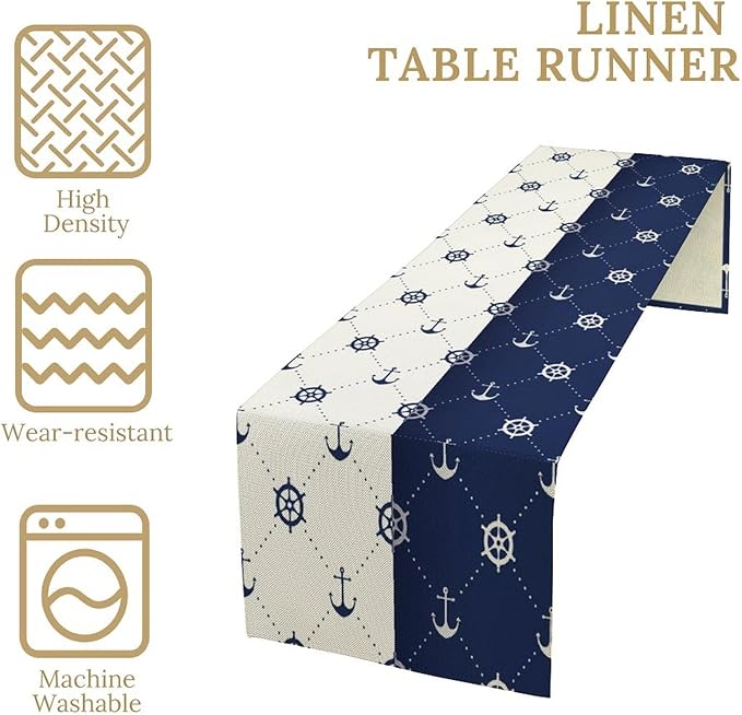 Nautical Compass Anchor Table Runner Vintage Navy Blue Coastal Sail Summer - Image 4