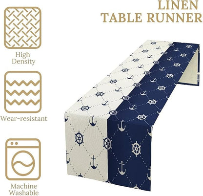 Nautical Compass Anchor Table Runner Vintage Navy Blue Coastal Sail Summer - Image 4