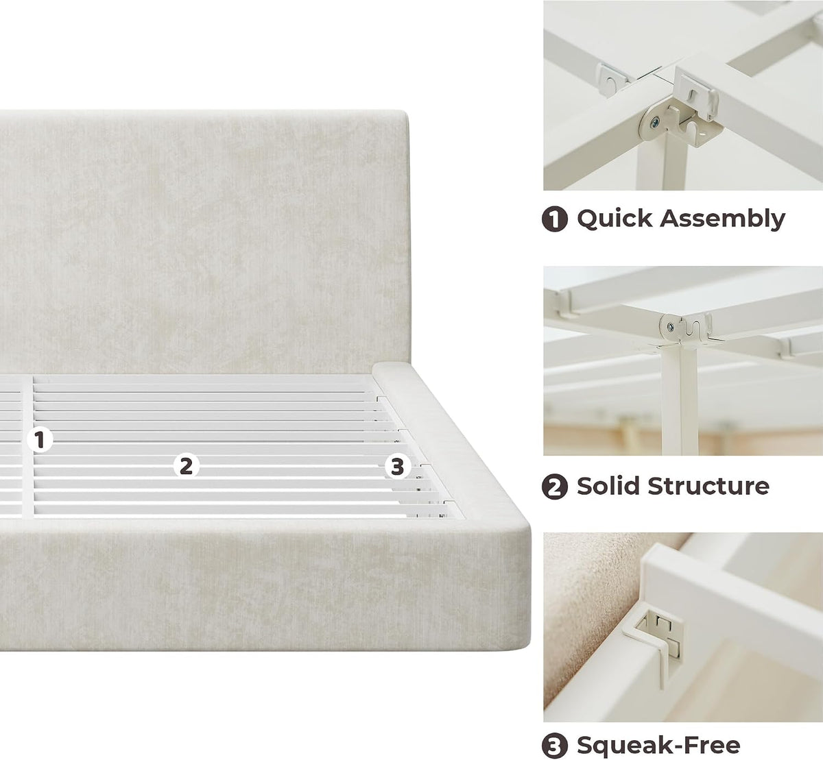 recci airframe full upholstered bed frame with ergonomic, front angle view