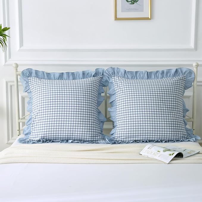 Dusty Blue Plaid Ruffle Throw Pillow Covers - Image 3