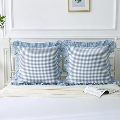 Dusty Blue Plaid Ruffle Throw Pillow Covers - Image 3