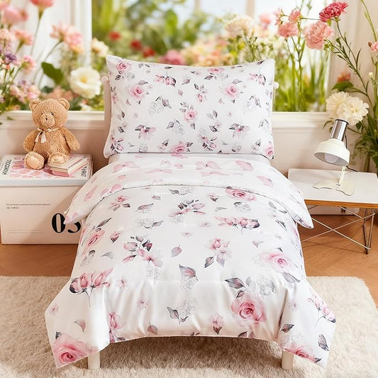 PERFEMET Floral Toddler Bedding 4-Piece Pink Flower Toddler Girls Comforter by PERFEMET