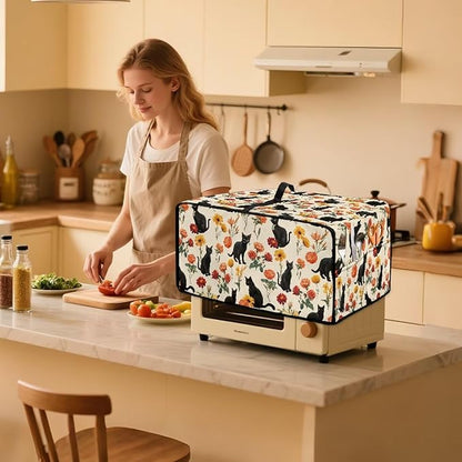 Black Cat Rose Daisy Floral Print Microwave Oven Cover - Image 3