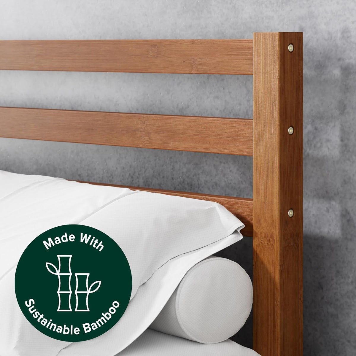 zinus leah bamboo platform bed frame with headboard on a desk or shelf