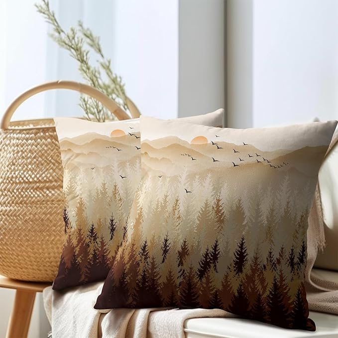 Fall Misty Forest Throw Pillow Covers 20x20 Inch Set of 2 Brown Mountain - Image 7
