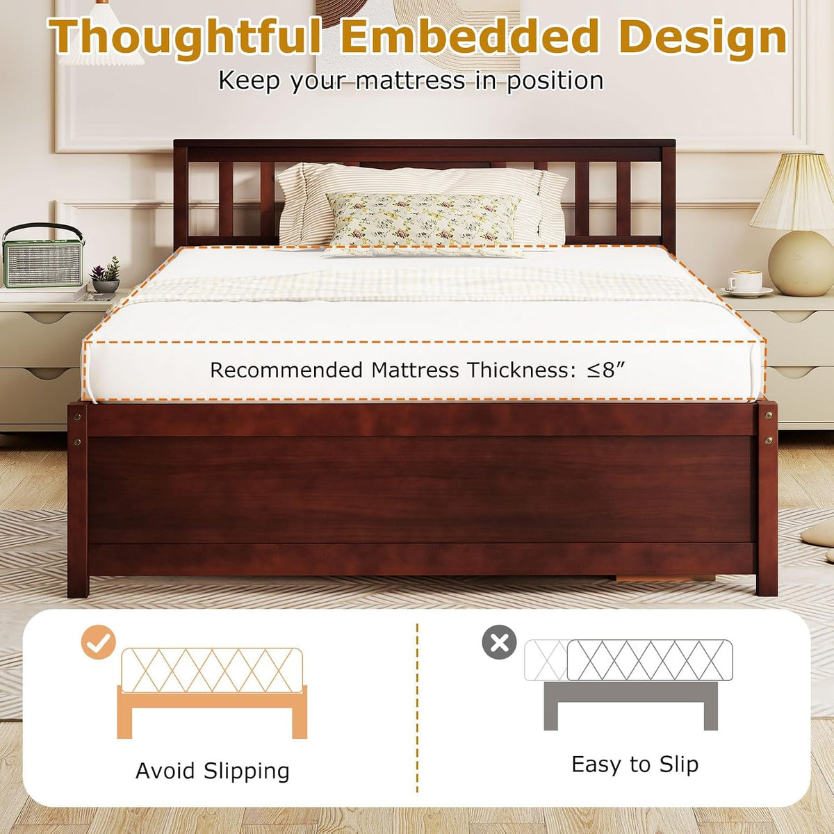 gofalme full size wood bed frame, mid-century modern showing dimensions