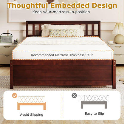 gofalme full size wood bed frame, mid-century modern showing dimensions