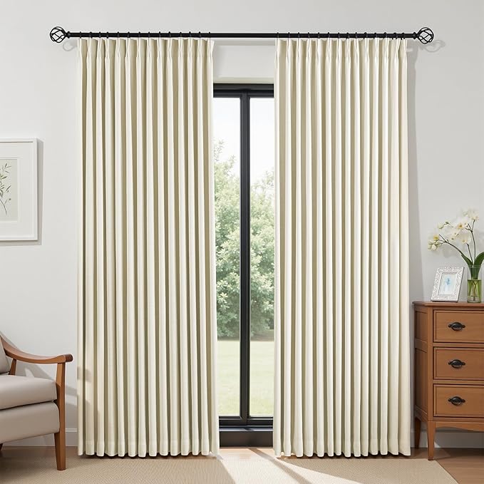 IVAPUPU Cream Beige Pinch Pleated Full Blackout Linen Curtains by IVAPUPU