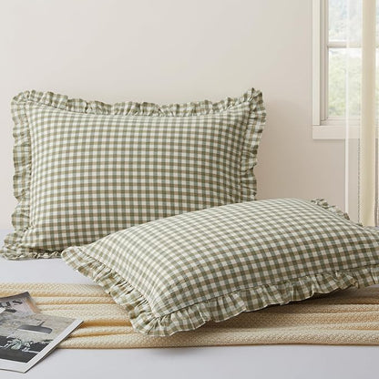 KKJIAF 2 Pcs Plaid Ruffle Pillow Case King Size, Cotton Gingham Ruffled Euro by KKJIAF