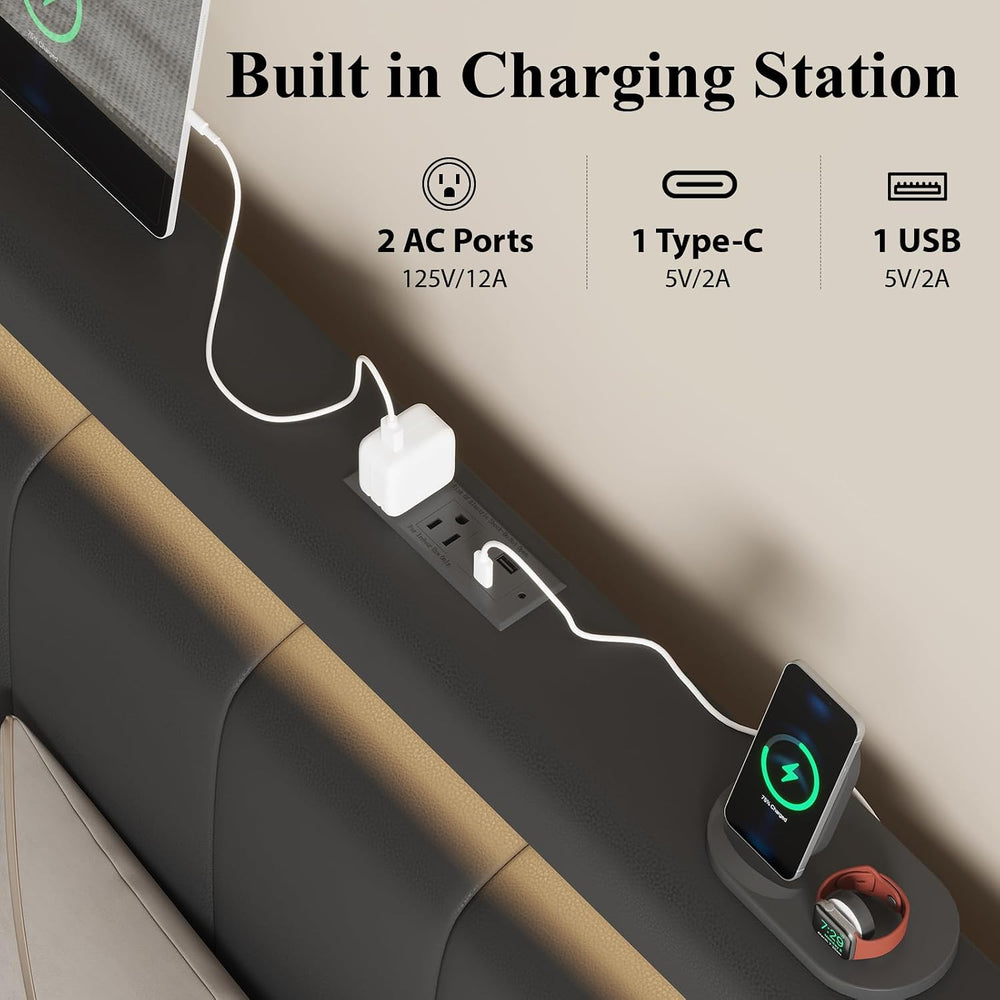 Full Bed Frame with Charging Station, Storage Drawers, Upholstered Black