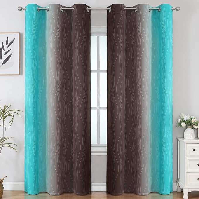 Estelar Textiler Brown and Teal Room Darkening Blackout Curtains 84 Inch Length - Image 2